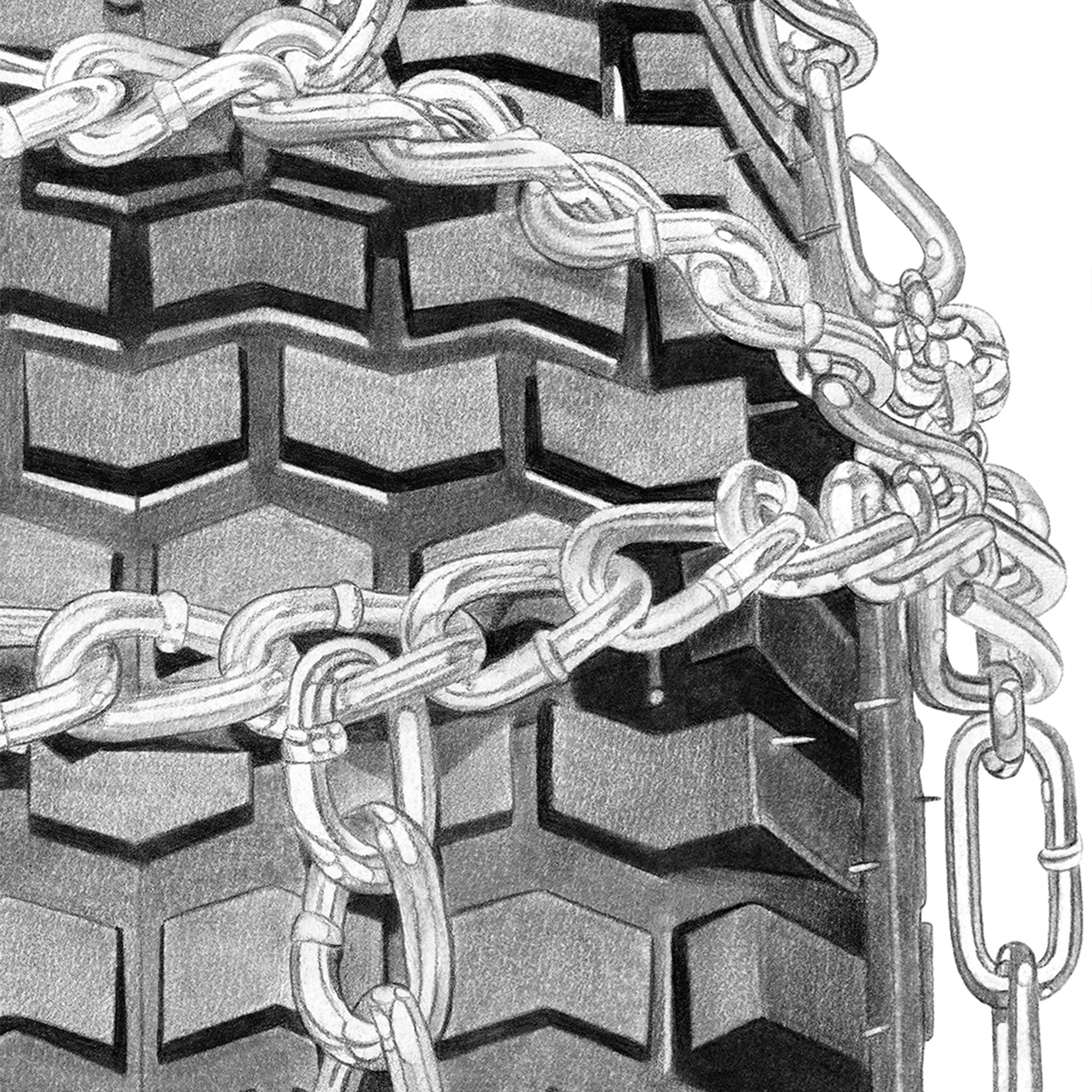 Close up of pencil drawing by Sine Jensen depicting a tyre with snow chains and spikes.